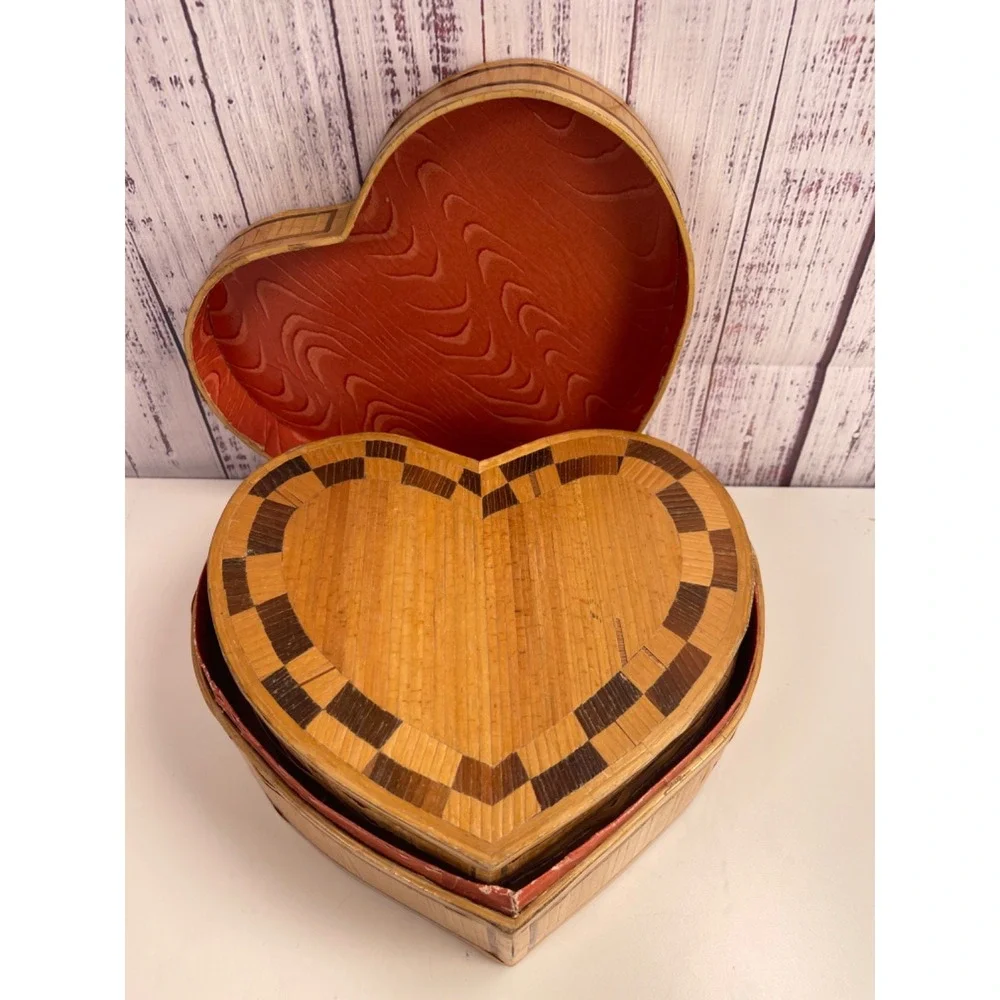 Heart Primitives Antique Style Cardboard Nesting Boxes 2pc Set Natural Red